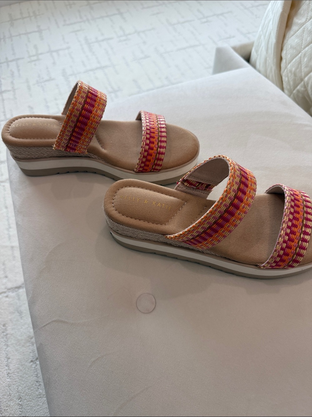 Kelly & Katie Pink and Orange Woven Double-Band Slide Sandals